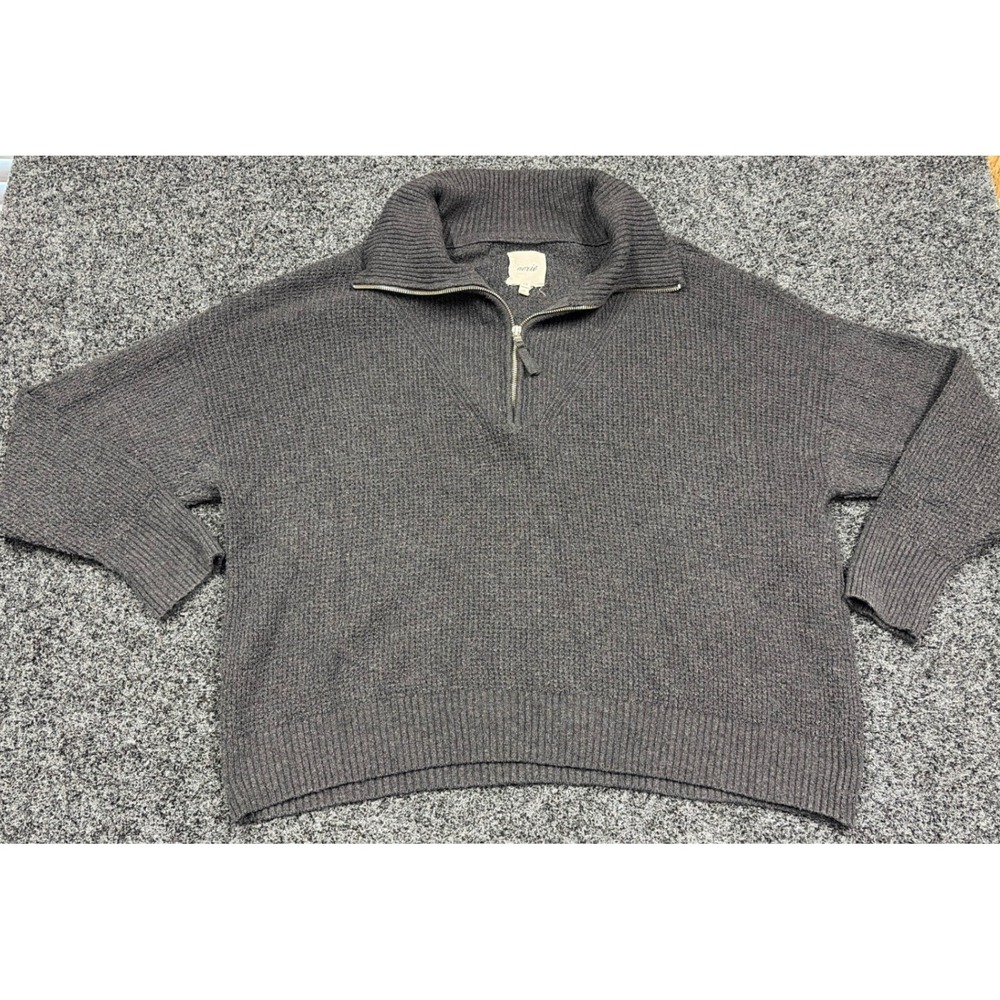 Aerie Sweater Large Grey Quarter Zip Waffle Knit Oversized Pullover Cozy